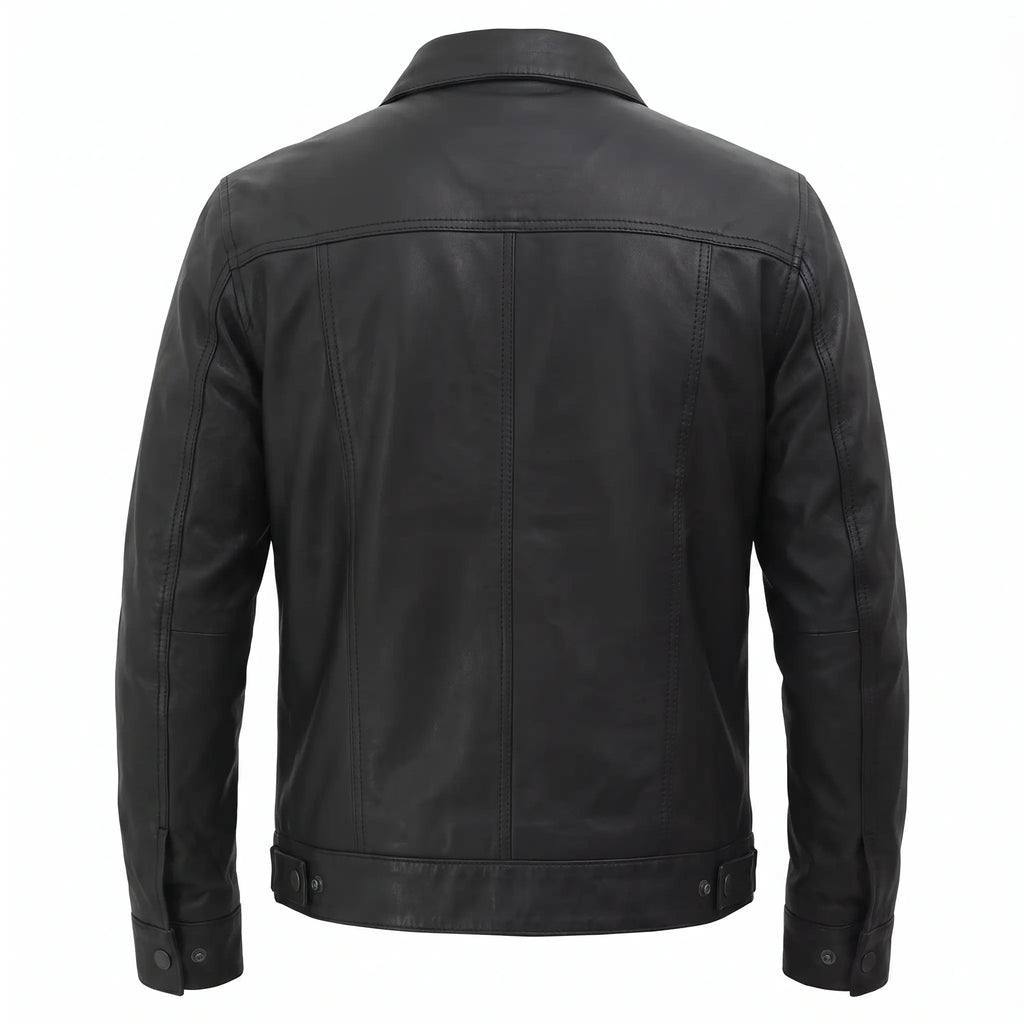 Men’s Custom Tailored Black Trucker Genuine Sheep Skin Motorcycle Jacket