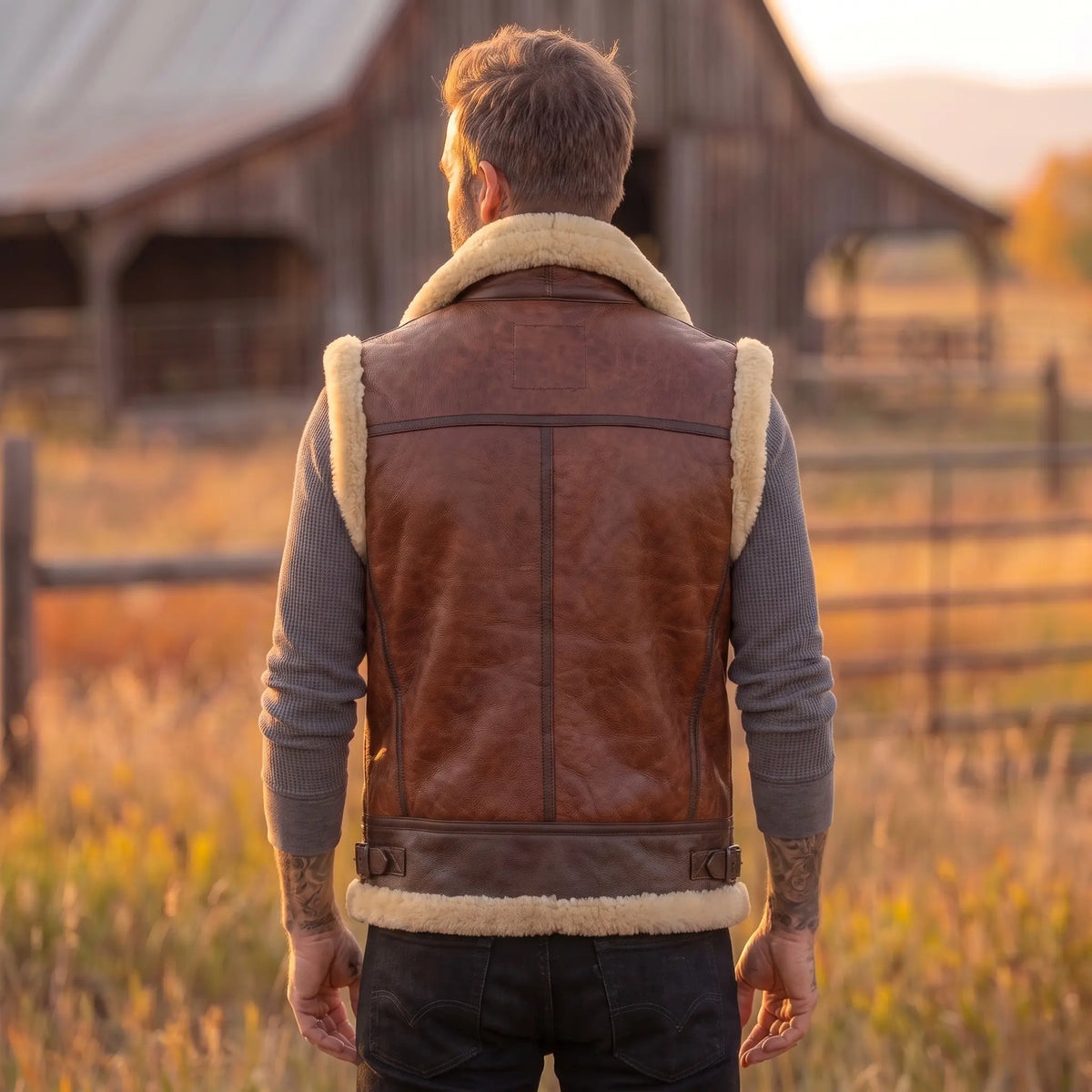 B3 Men Leather fur Vest -Aviator bomber Real Shearling Sheepskin Vest
