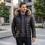 Custom Tailored Black Real Sheep Skin Leather Puffer Padded Raccoon Hood Jacket