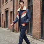 Men’s Custom Tailored Genuine Leather V Bomber Jacket fur Collar Red/White/Navy