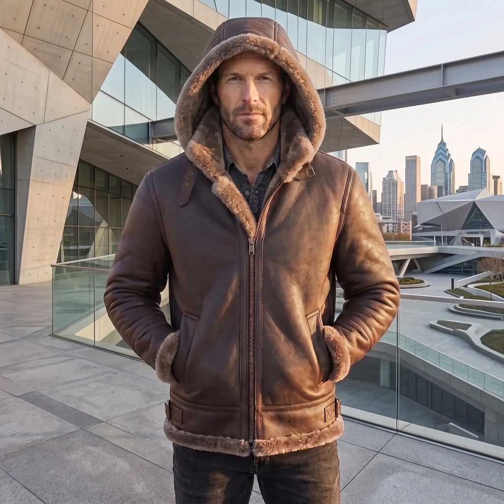 B3 Genuine Leather Aviator Flight Fur Shearling Bomber Hoodie Jacket