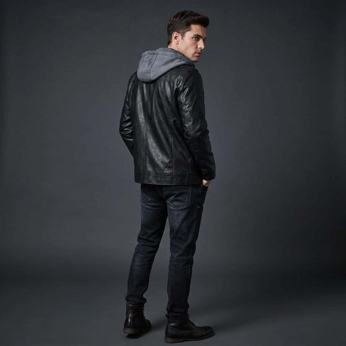 Leather Jacket Black Men’s-Hooded