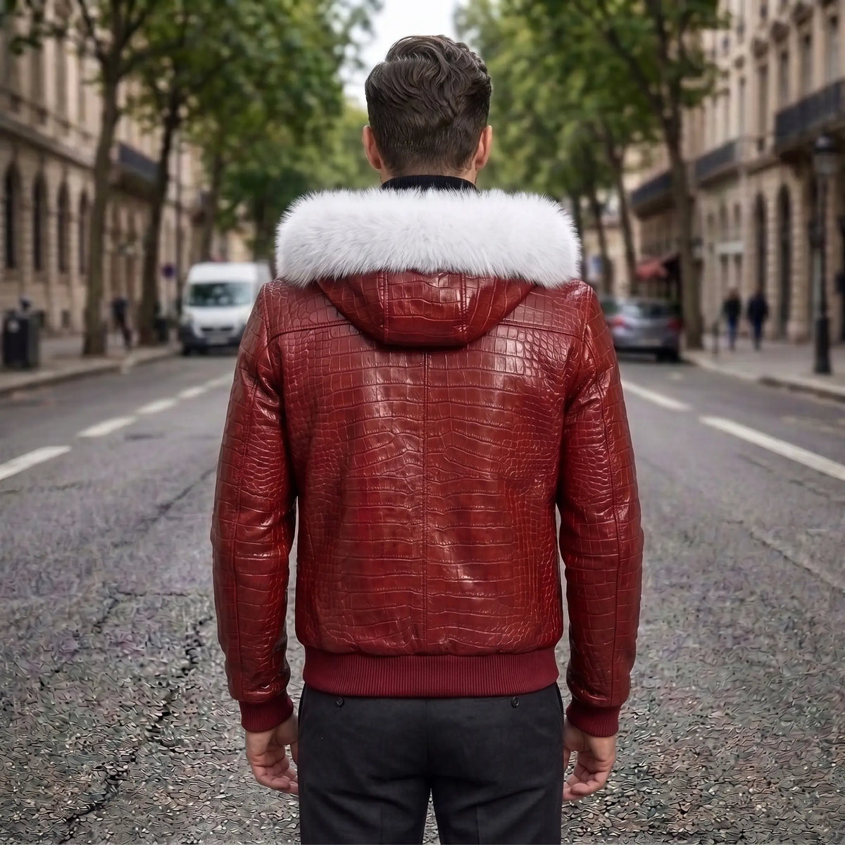 Custom Tailored Men’s Crocodile Embossed Fur Hooded Genuine Sheepskin Leather Jacket