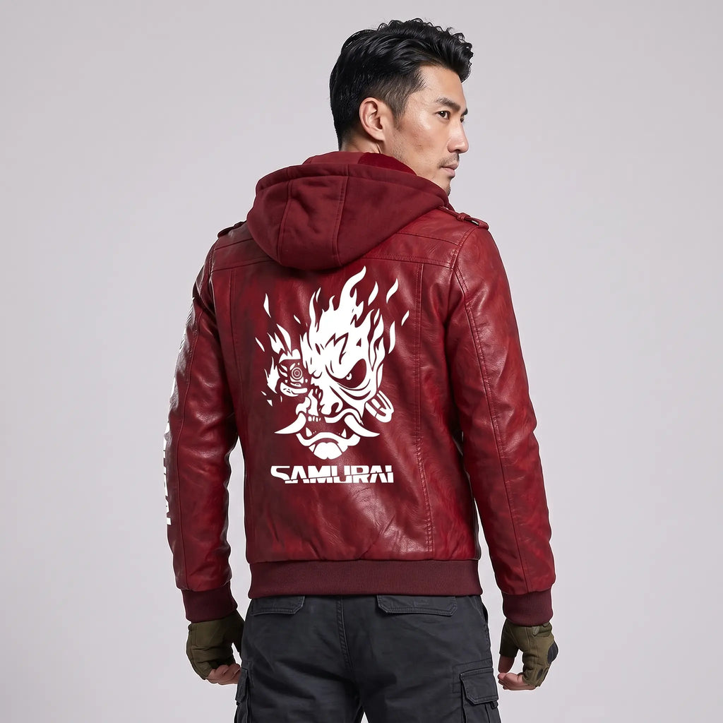Custom Tailored CyberPunk 2077 Inspired Red Samurai Biker Genuine Leather Jacket
