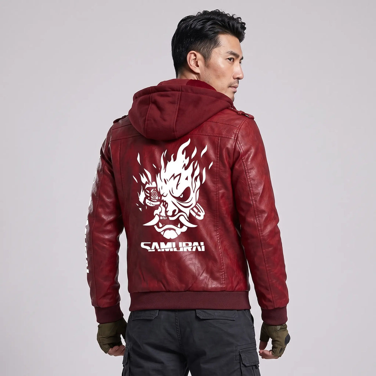 Custom Tailored CyberPunk 2077 Inspired Red Samurai Biker Genuine Leather Jacket