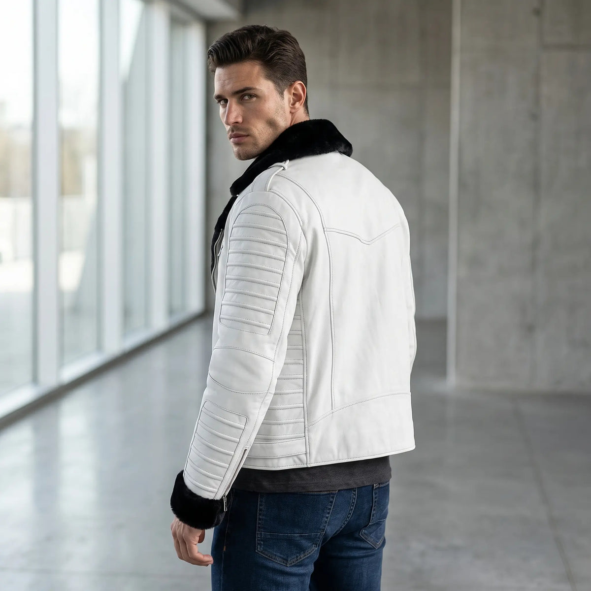 Custom Tailored Men’s White Genuine Sheep Skin Leather Biker Jacket Fur Collar