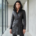 Women’s Custom Tailored Black Hooded Genuine Sheepskin Leather Coat