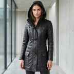 Women’s Custom Tailored Black Hooded Genuine Sheepskin Leather Coat
