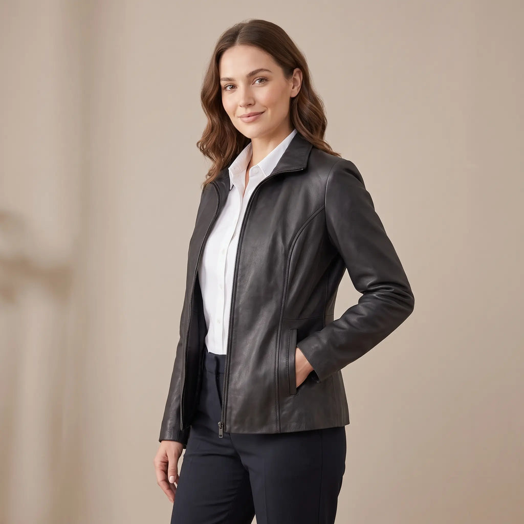 Genuine Leather Jacket Women-Plain-Skin Fitted