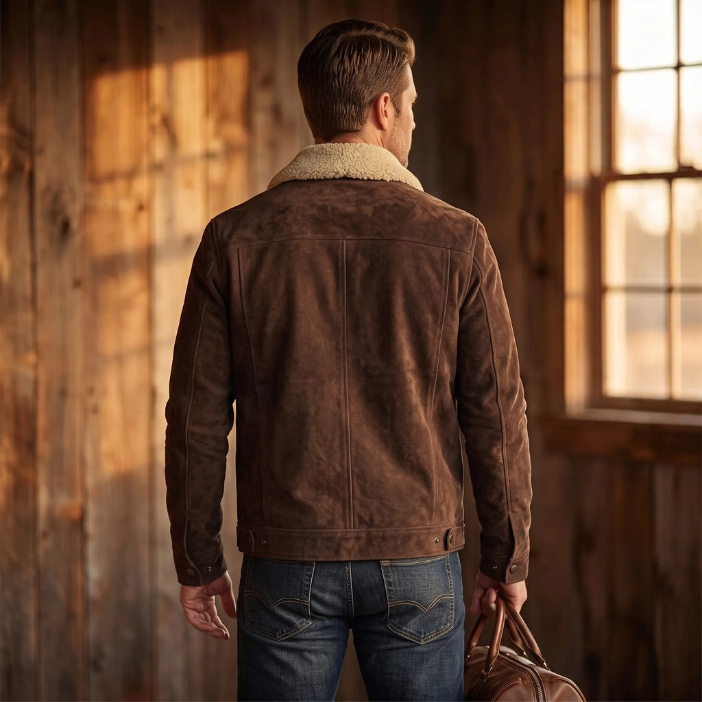 Custom Tailored Men’s Brown Genuine Sheepskin Leather Jacket with Genuine Shearling Fur Collar