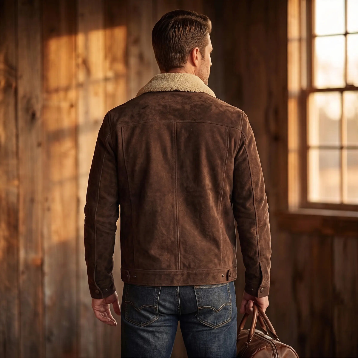 Custom Tailored Men’s Brown Genuine Sheepskin Leather Jacket with Genuine Shearling Fur Collar