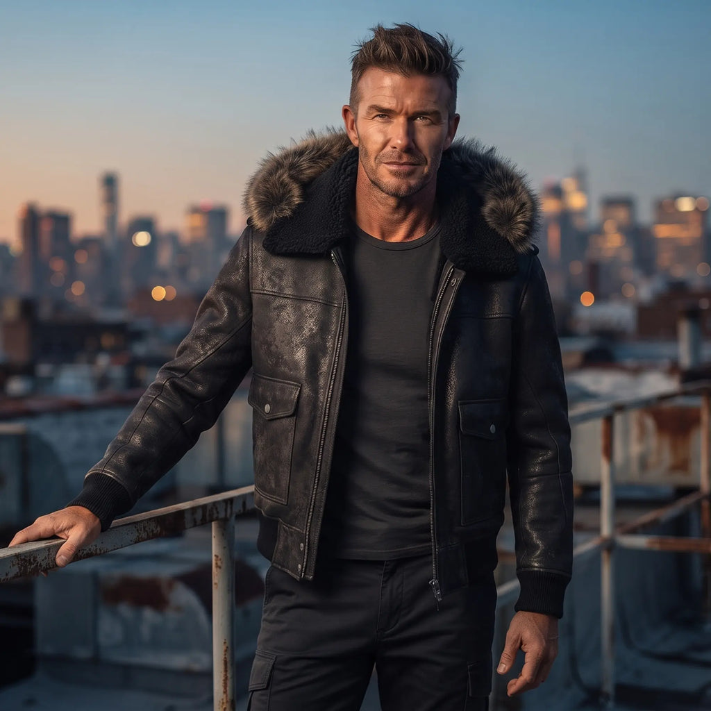 Custom Tailored Men’s Black Aviator Real Sheepskin Shearling Leather Jacket