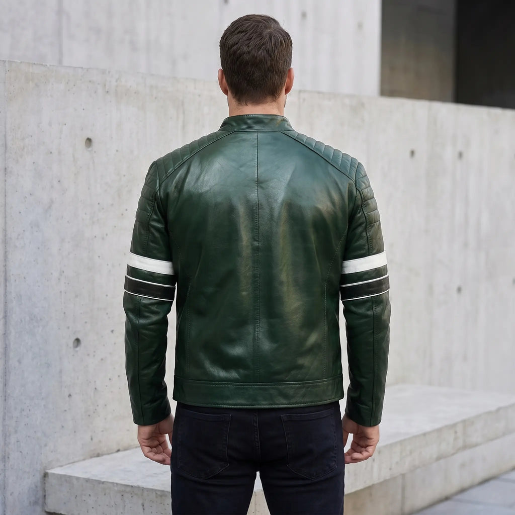 Custom Tailored Men’s Dark Green Motorcycle Genuine Leather Jacket