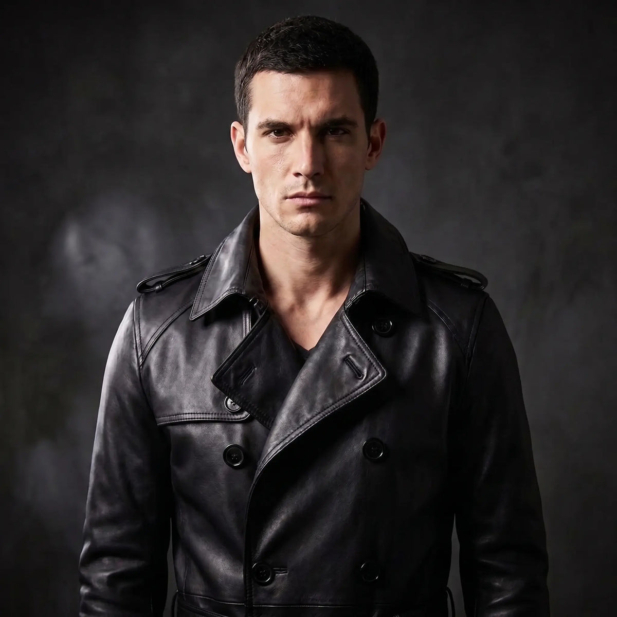 Men’s Custom Tailored Genuine Leather Trench Coat Belted Coat Jacket
