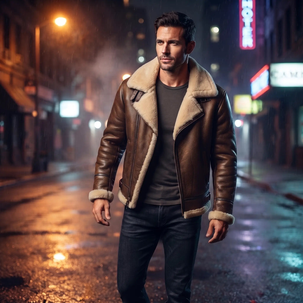 Men’s Sheepskin Shearling Fur Bomber B3/B17 Aviator Vintage Leather Biker Jacket
