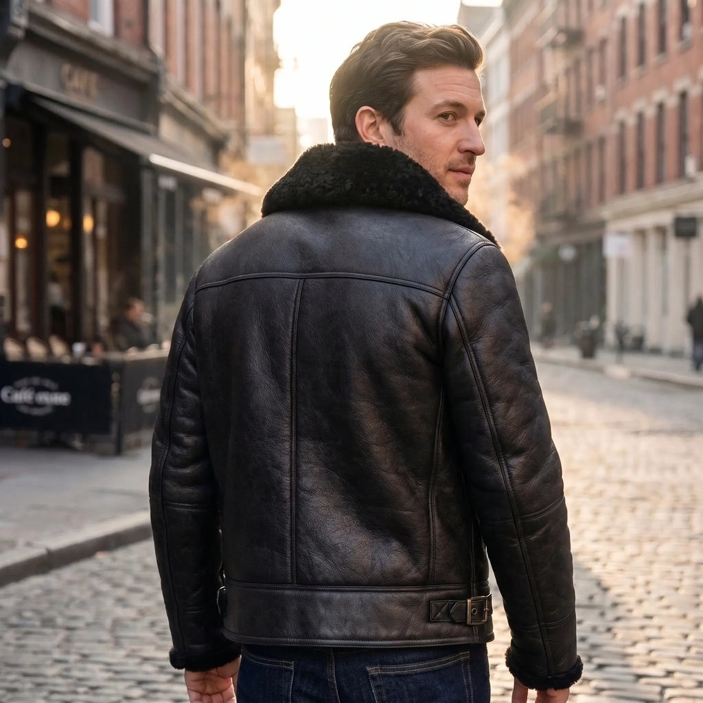 Men’s Sheepskin Shearling Fur Bomber B3 Aviator Black Leather Jacket