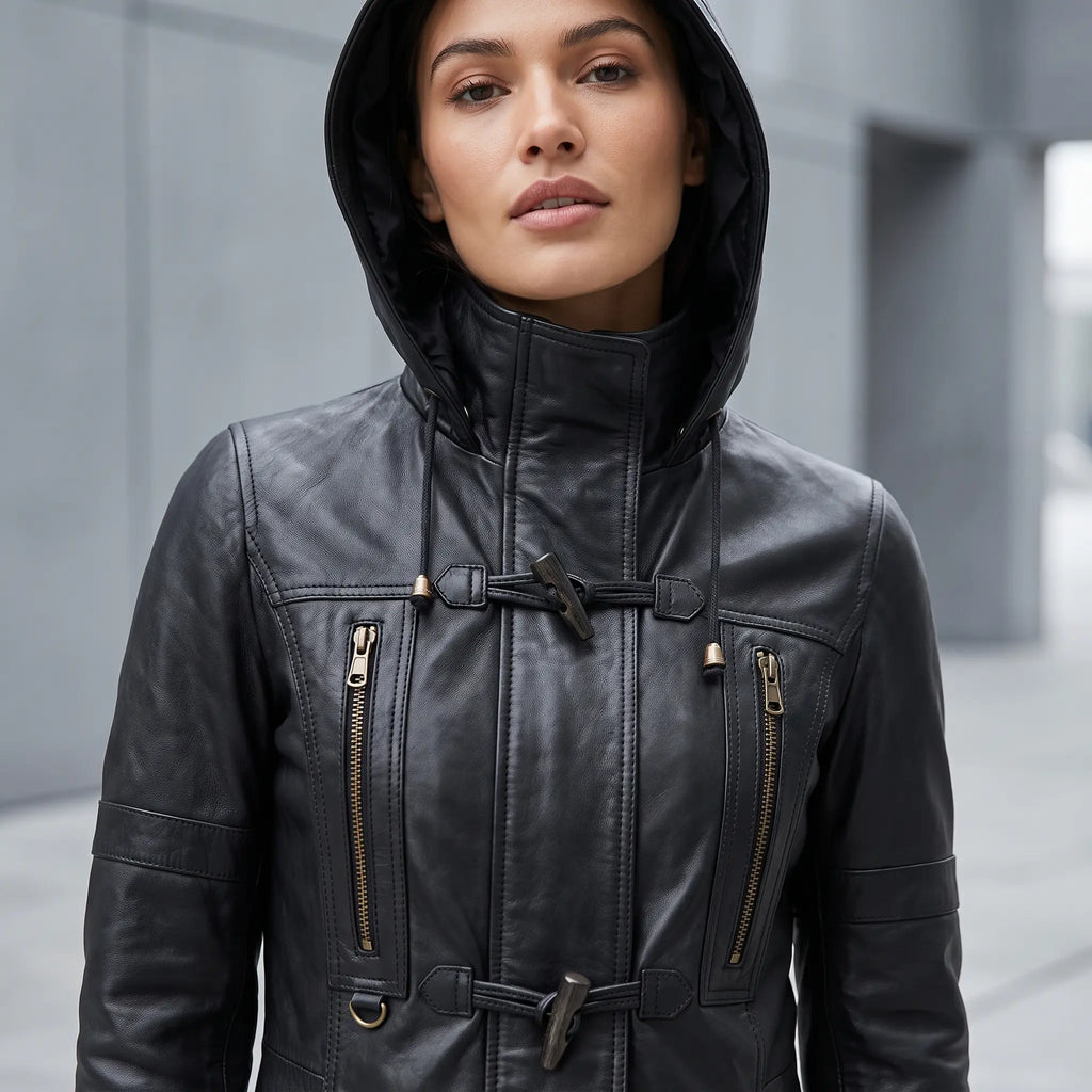 Women’s Custom Tailored Black Hooded Genuine Sheepskin Leather Coat