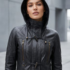 Women’s Custom Tailored Black Hooded Genuine Sheepskin Leather Coat