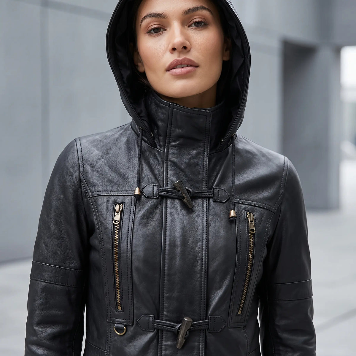 Women’s Custom Tailored Black Hooded Genuine Sheepskin Leather Coat