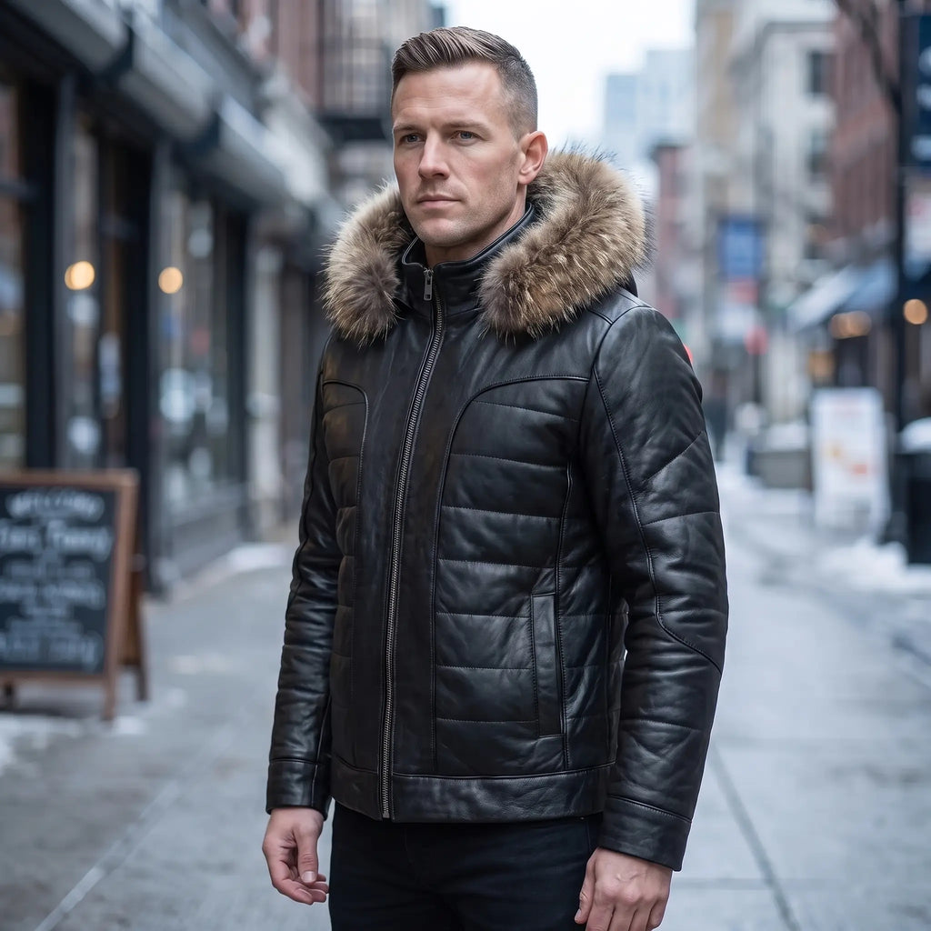 Custom Tailored Black Real Sheep Skin Leather Puffer Padded Raccoon Hood Jacket