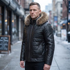 Custom Tailored Black Real Sheep Skin Leather Puffer Padded Raccoon Hood Jacket
