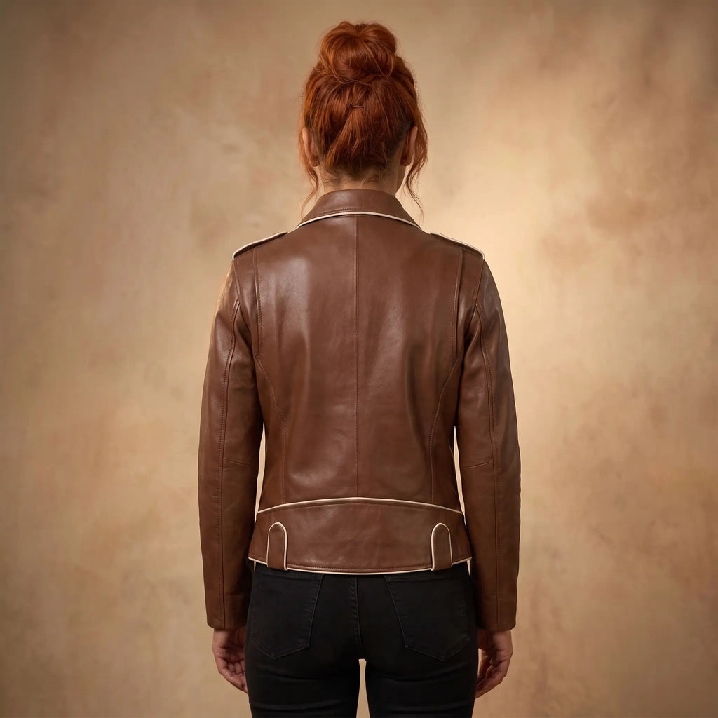 Custom Tailored Genuine Tanned Leather Biker Designer Ladies Jacket