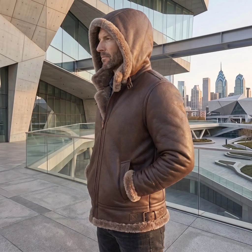 B3 Genuine Leather Aviator Flight Fur Shearling Bomber Hoodie Jacket