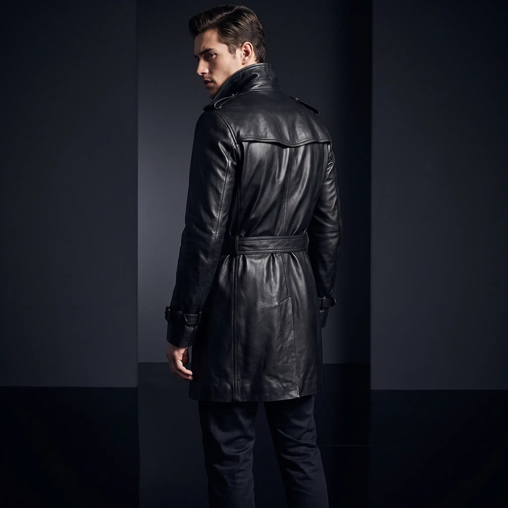 Men’s Custom Tailored Genuine Leather Trench Coat Belted Coat Jacket