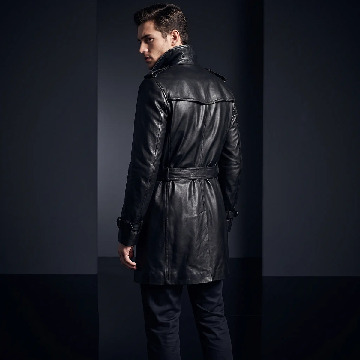 Men’s Custom Tailored Genuine Leather Trench Coat Belted Coat Jacket