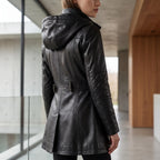 Women’s Custom Tailored Black Hooded Genuine Sheepskin Leather Coat