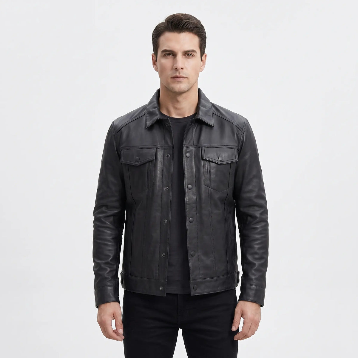 Men’s Custom Tailored Black Trucker Genuine Sheep Skin Motorcycle Jacket