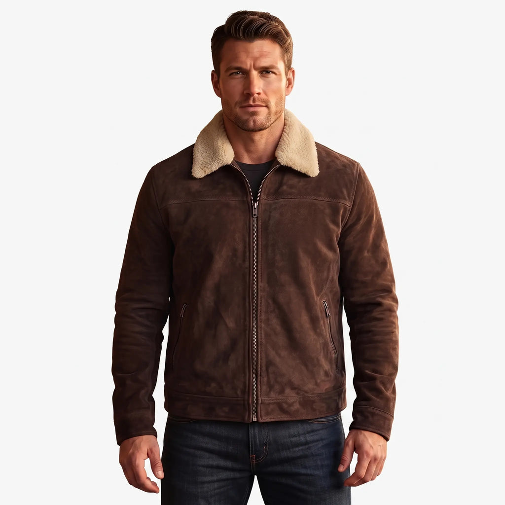 Custom Tailored Men’s Brown Genuine Sheepskin Leather Jacket with Genuine Shearling Fur Collar