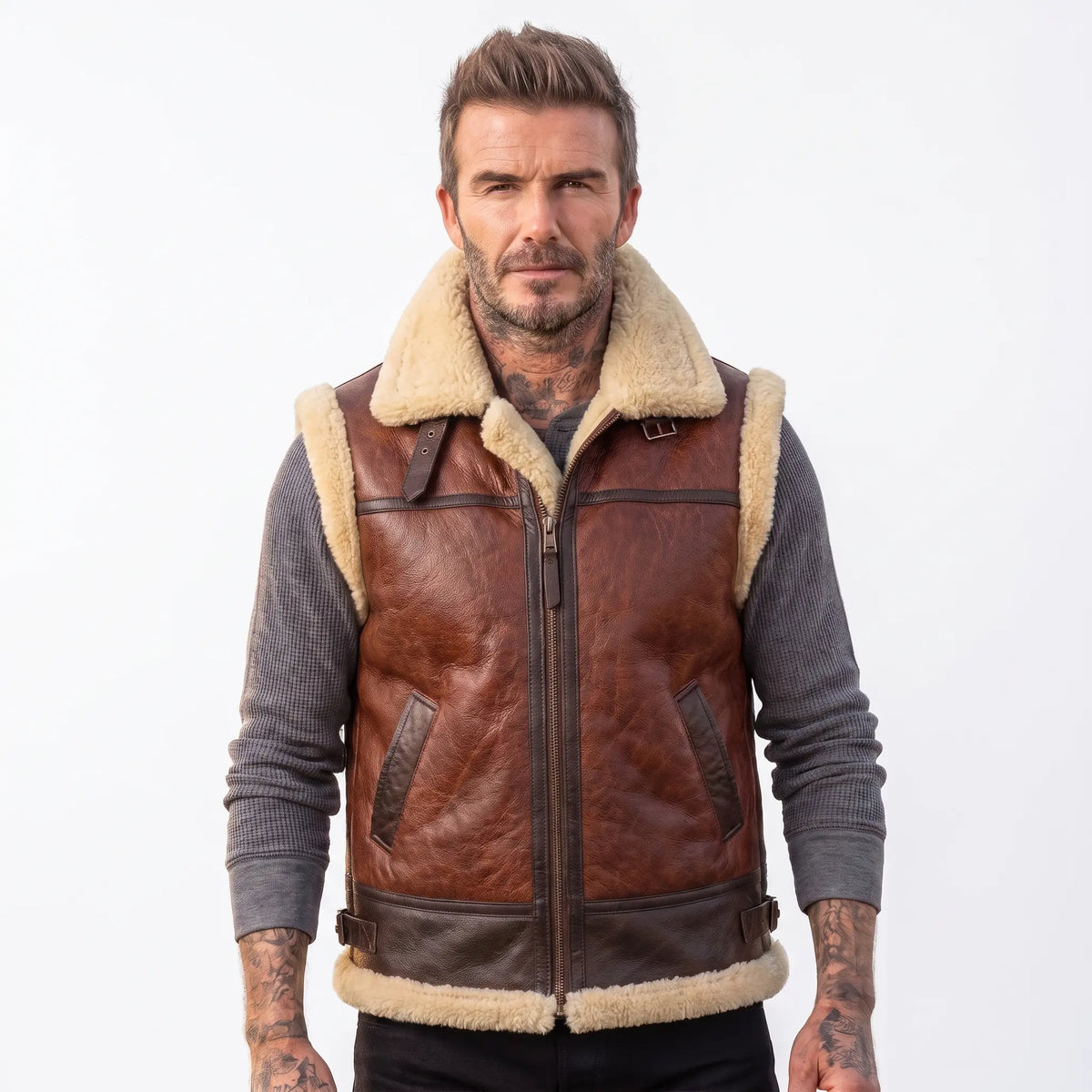 B3 Men Leather fur Vest -Aviator bomber Real Shearling Sheepskin Vest