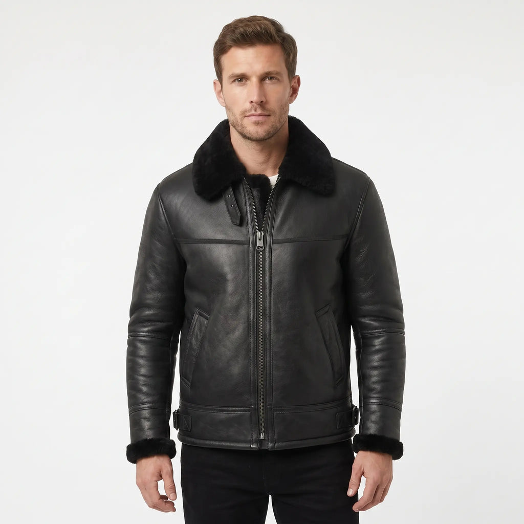 Men’s Sheepskin Shearling Fur Bomber B3 Aviator Black Leather Jacket