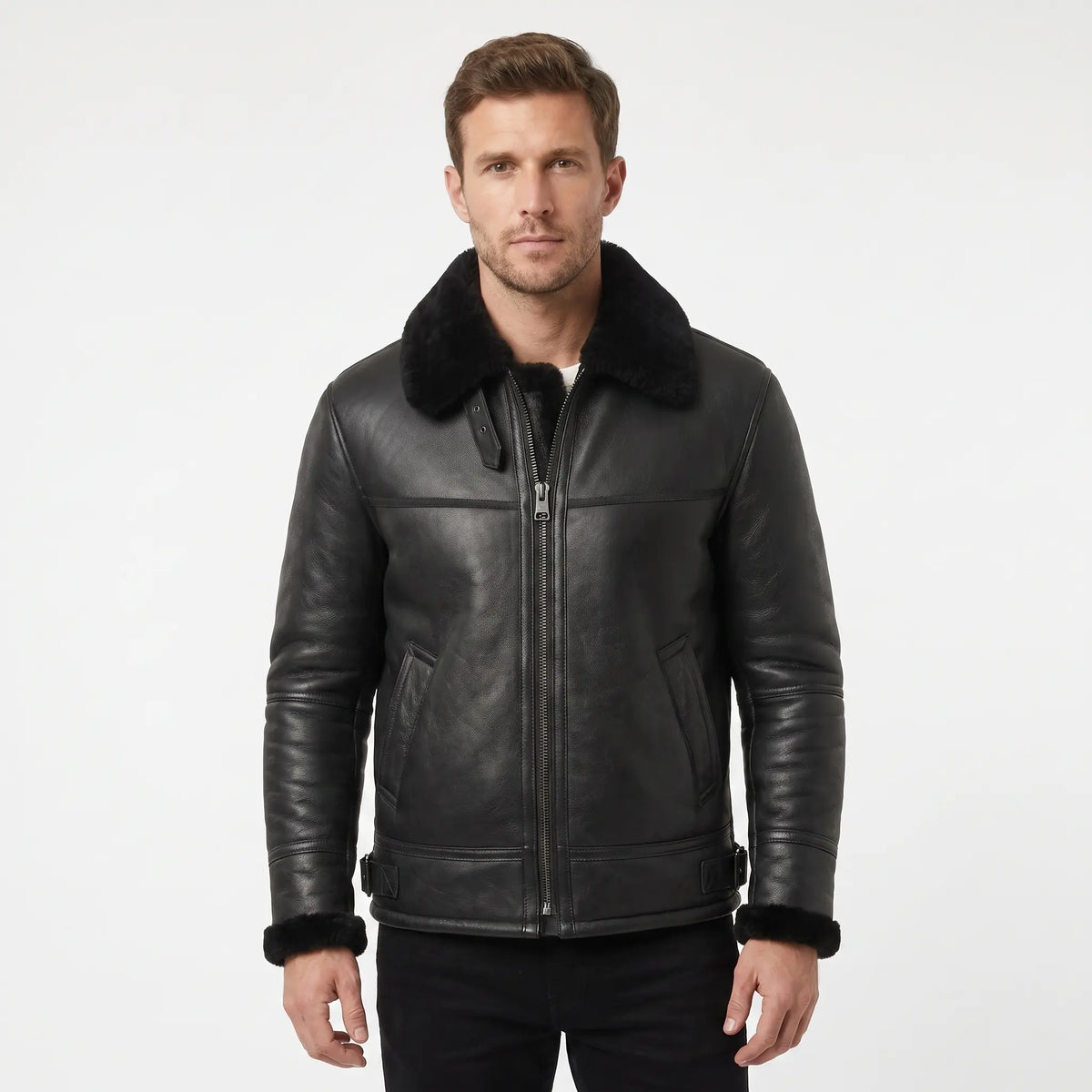 Men’s Sheepskin Shearling Fur Bomber B3 Aviator Black Leather Jacket