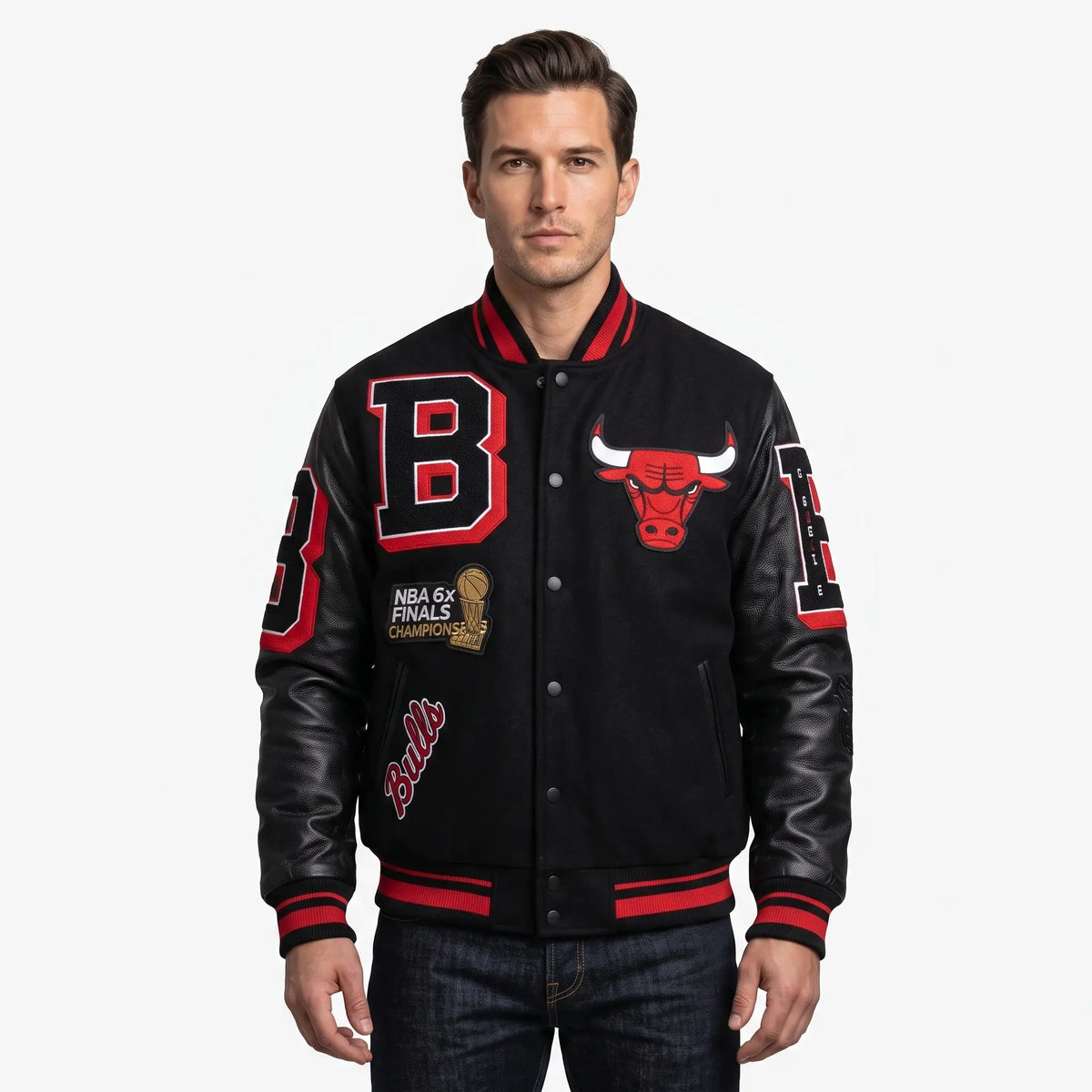 Custom Tailored Men’s Standard Chicago Bulls Mash Up Styled Varsity Genuine Sheepskin Leather Jacket
