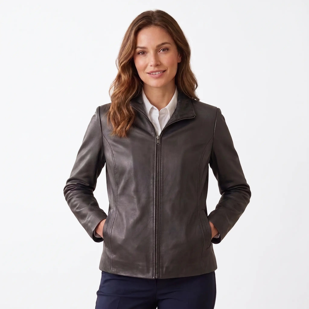 Genuine Leather Jacket Women-Plain-Skin Fitted