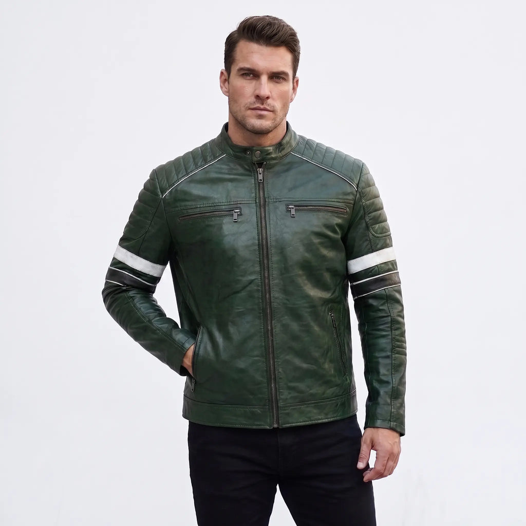 Custom Tailored Men’s Dark Green Motorcycle Genuine Leather Jacket