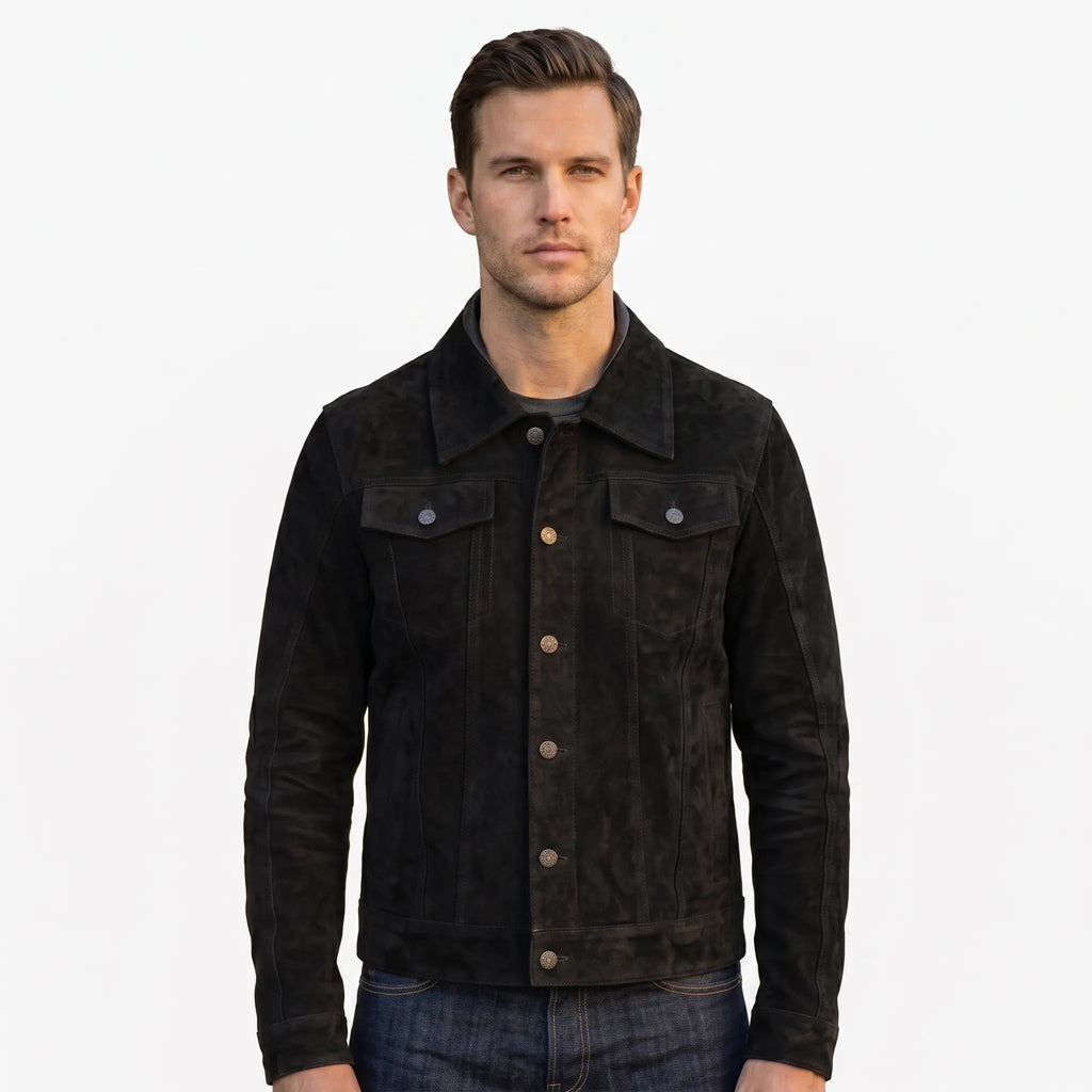 New Men’s Zipper Suede Genuine Leather Jacket Biker Motorcycle Button Black