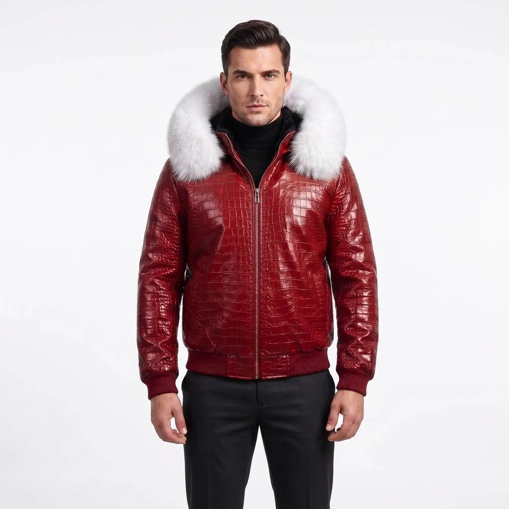 Custom Tailored Men’s Crocodile Embossed Fur Hooded Genuine Sheepskin Leather Jacket