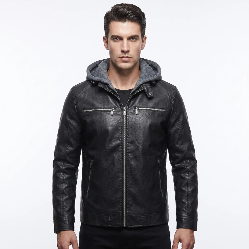 Leather Jacket Black Men’s-Hooded