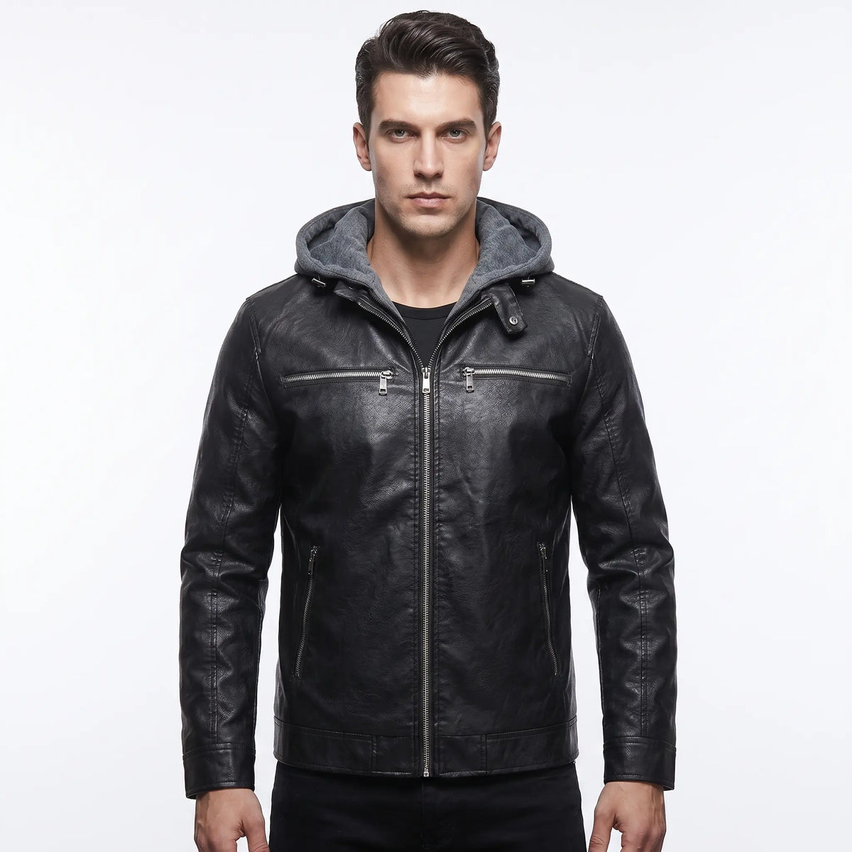 Leather Jacket Black Men’s-Hooded