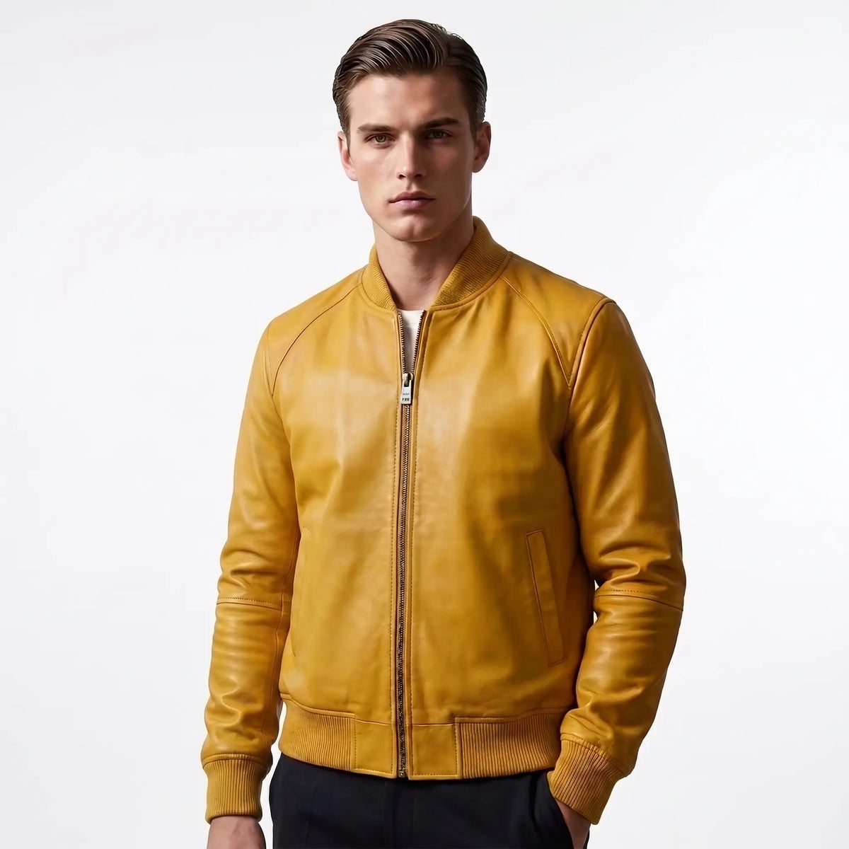 Custom Tailored Bomber Jacket Men’s Yellow Genuine Lambskin Biker Casual Jacket