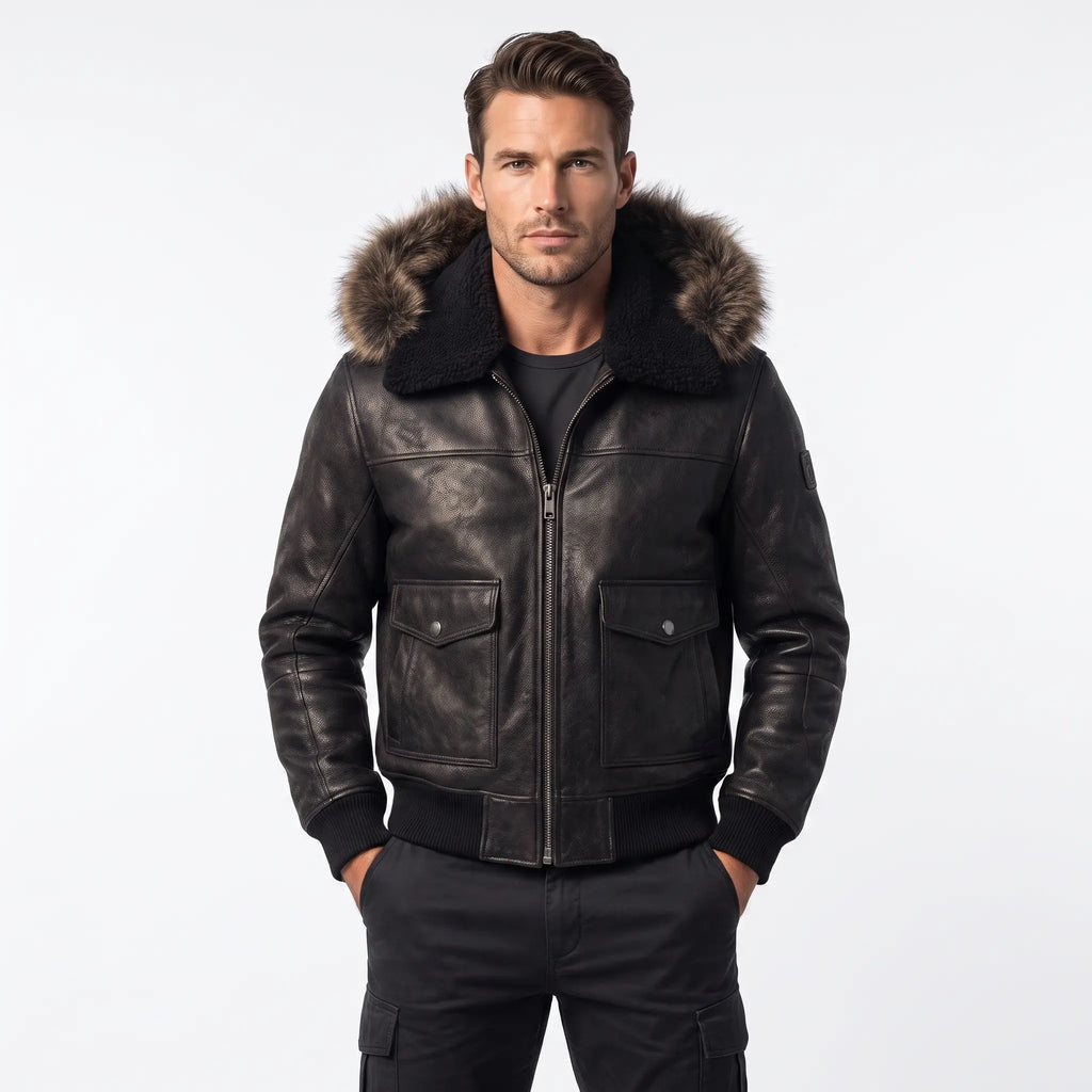 Custom Tailored Men’s Black Aviator Real Sheepskin Shearling Leather Jacket