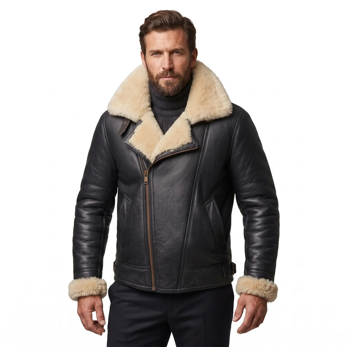 Men’s Sheepskin Shearling Fur Bomber B3/B17 Aviator Vintage Leather Biker Jacket