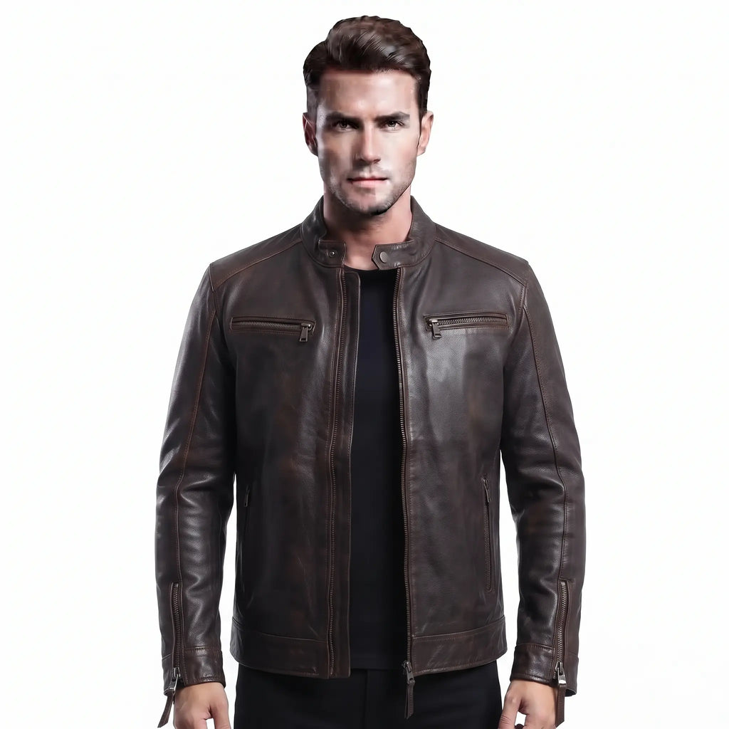 Real Leather Vintage Biker Jacket-Distressed Brown
