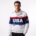 Custom Tailored Men’s Classic White Team USA Olympic Genuine Sheepskin Leather Jacket with USA Flag