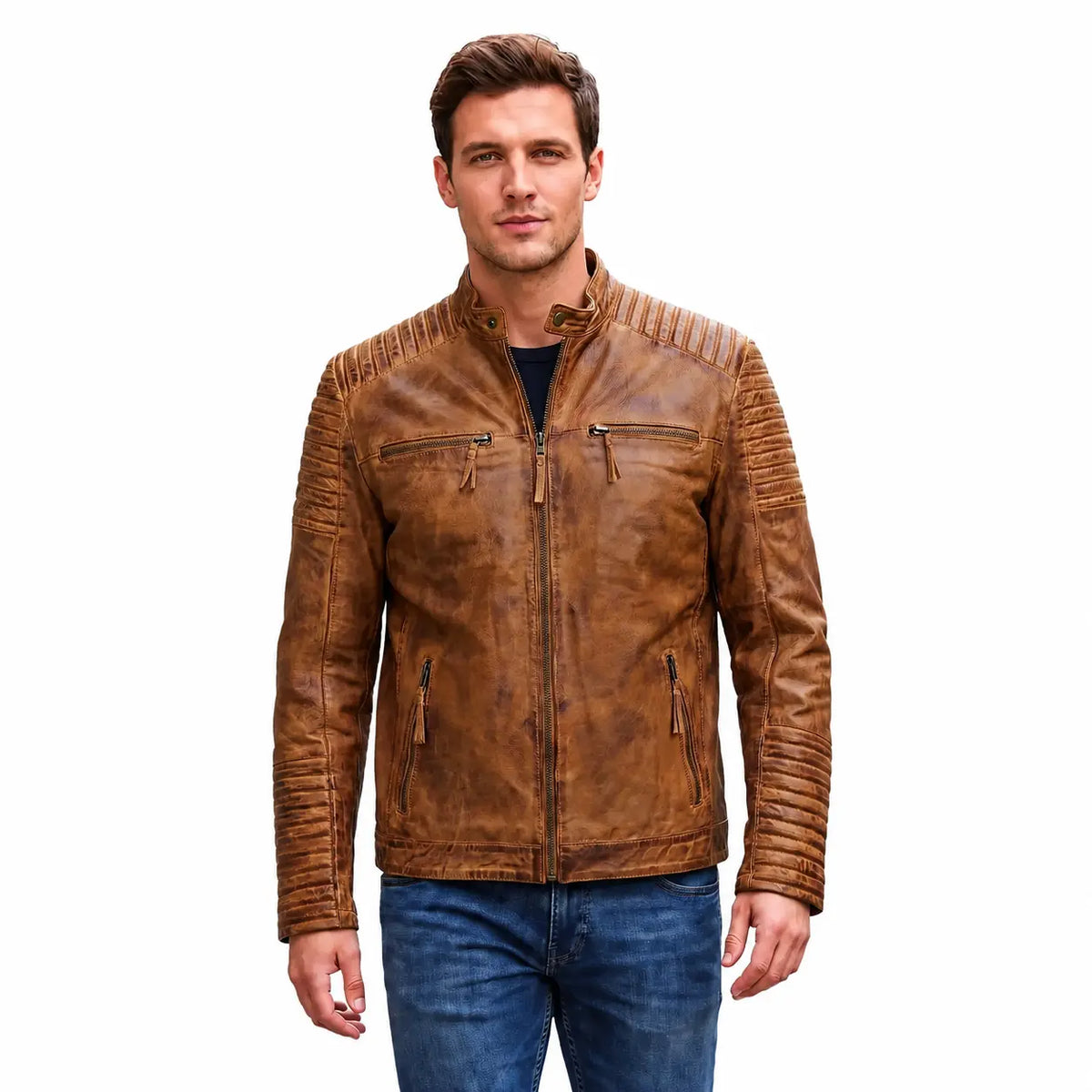 Custom Tailored Men’s Genuine Timber Antique Washed Vintage Biker Leather Jacket