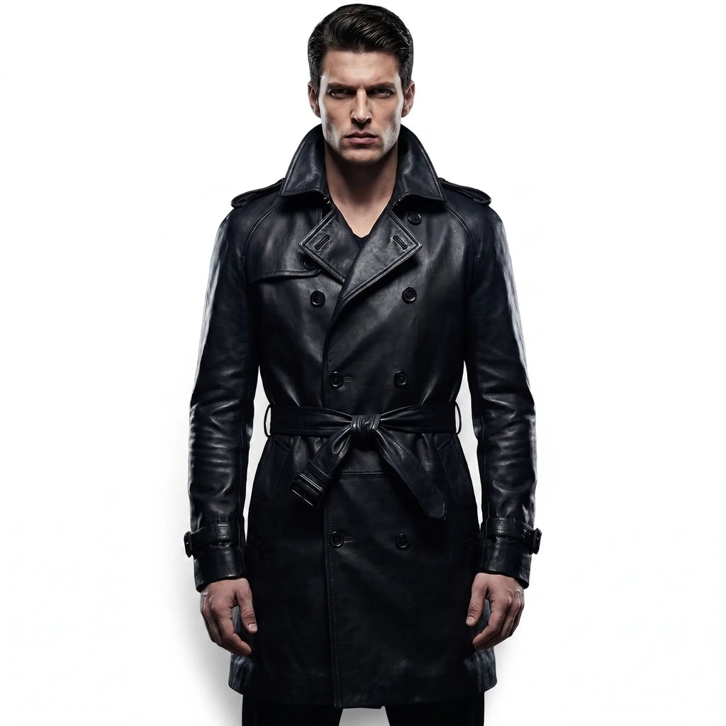 Men’s Custom Tailored Genuine Leather Trench Coat Belted Coat Jacket