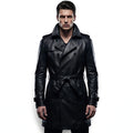 Men’s Custom Tailored Genuine Leather Trench Coat Belted Coat Jacket
